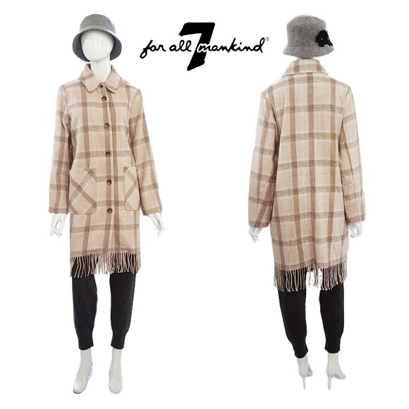 7 FOR ALL MANKIND NEW Bohemian Chic Plaid Fringe Hem Peacoat M - Picture 1 of 12